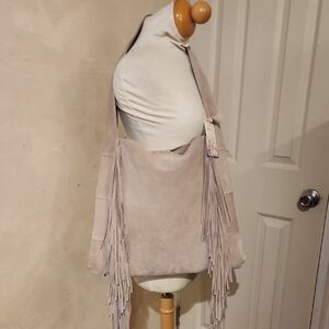 Johnny Was Taupe Suede Fringe Shoulder Bag